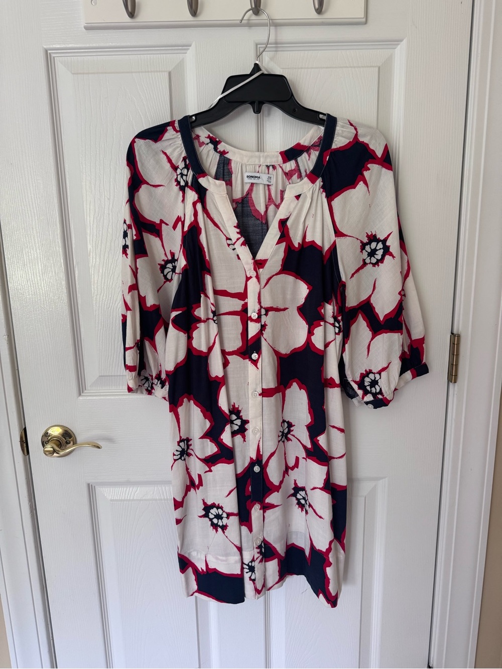 Sonoma Petite Floral Button-Down shift Dress in Navy, White & Red